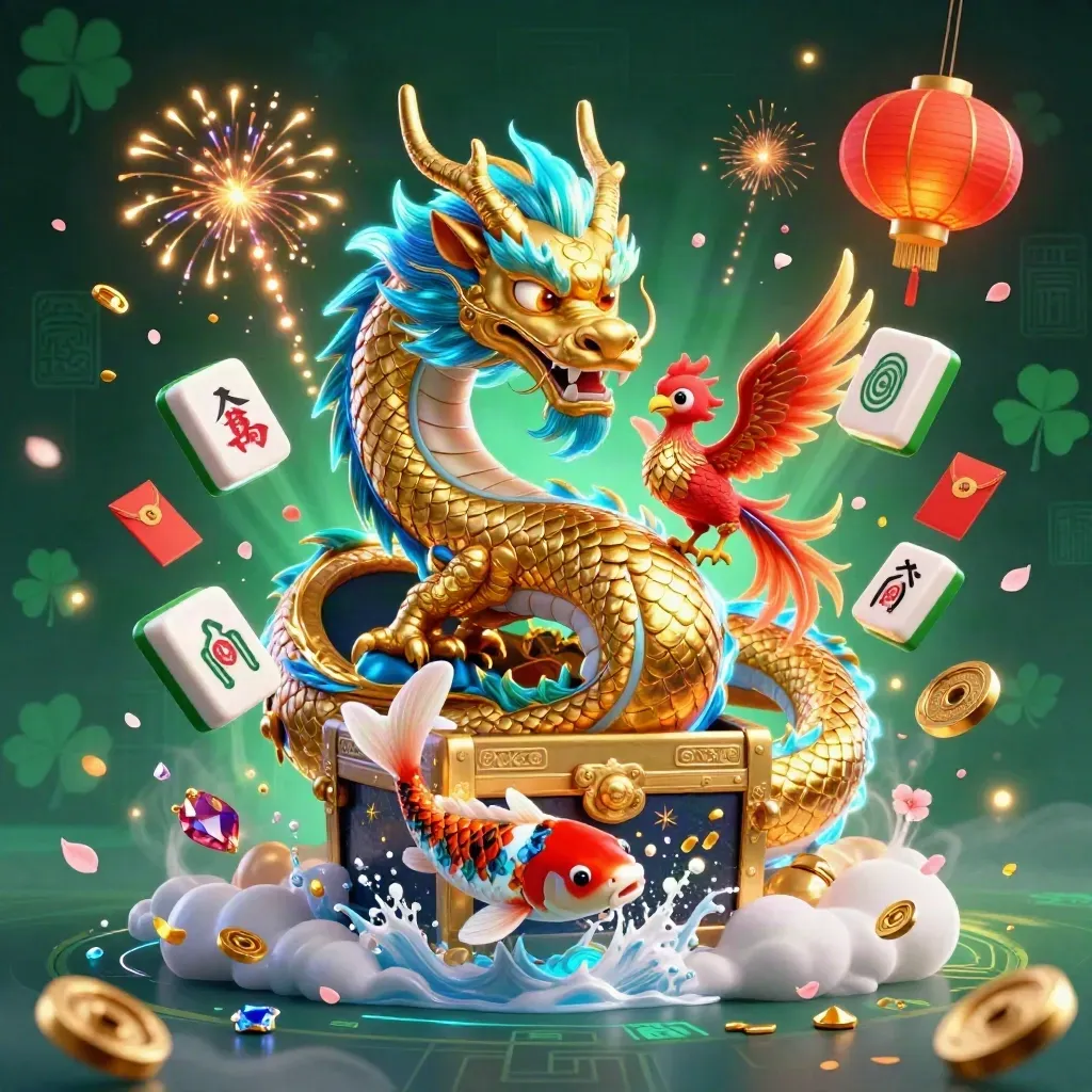 Golden dragon, phoenix, and koi amid casino luck symbols on a dark emerald glowing background.