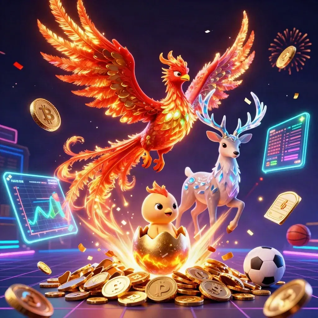 Phoenix, hatchling, and stag amid coins, neon charts, fireworks, and betting props.