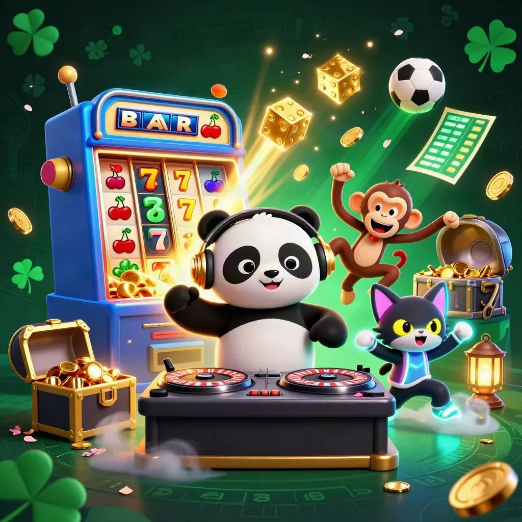 DJ panda, monkey, and glow kitten amid jackpot burst, coins, dice, and casino lights.