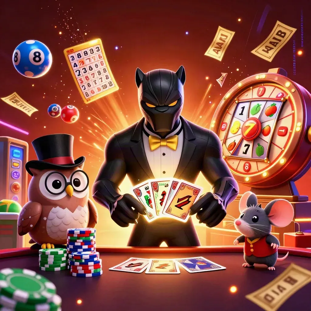 Panther, owl, and mouse casino heroes amid chips, reels, balls, and glowing effects.