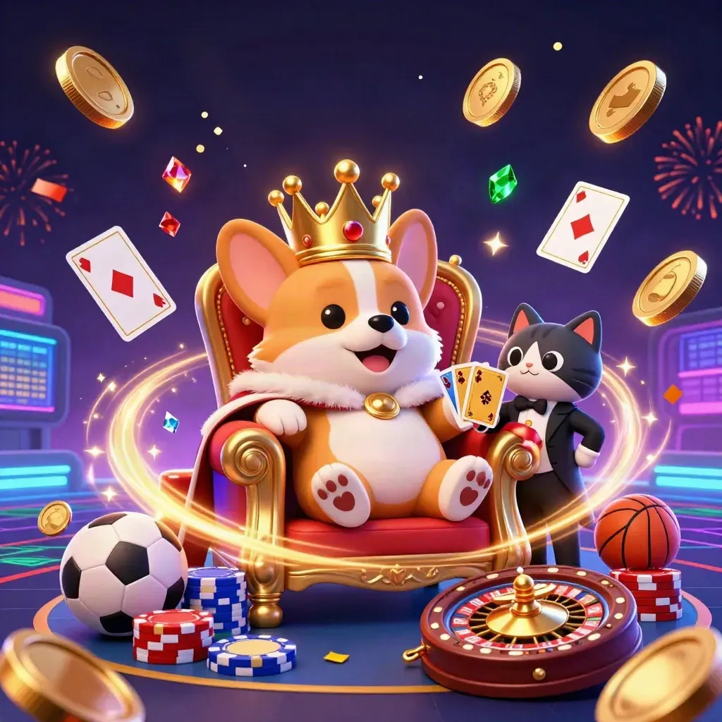 Royal corgi and cat butler amid coins, gems, chips, fireworks, and neon esports loot.