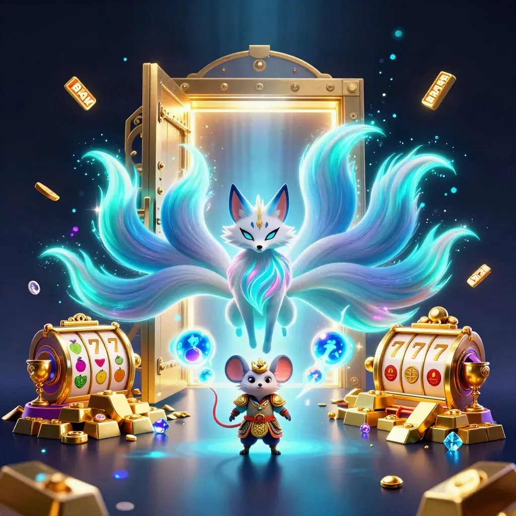 Nine-tailed fox spirit and golden samurai mouse amid vault loot, neon magic, and slot reels.