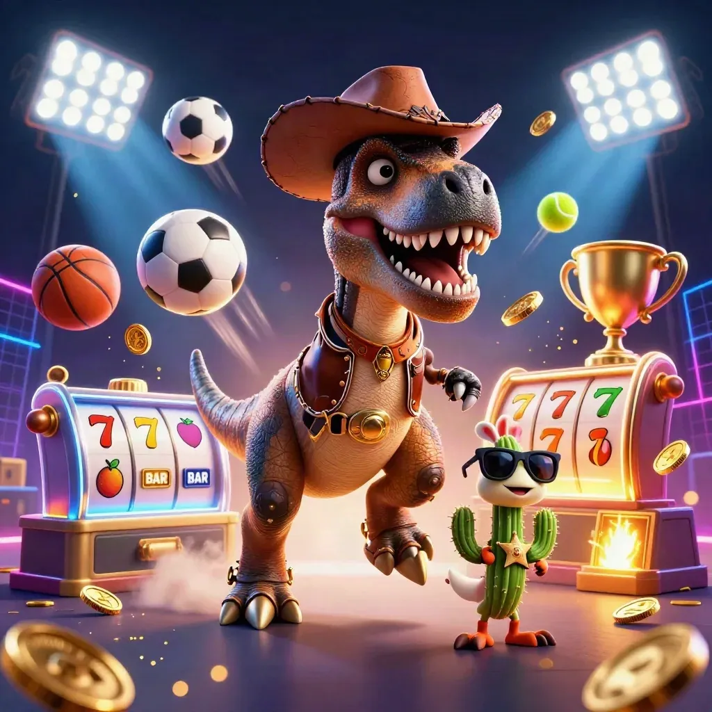 Cowboy T-Rex, cactus sidekick, and roadrunner amid casino sports icons and neon beams