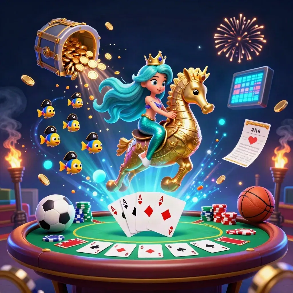 Mermaid princess on armored seahorse amid poker, coins, fireworks, and neon casino chaos