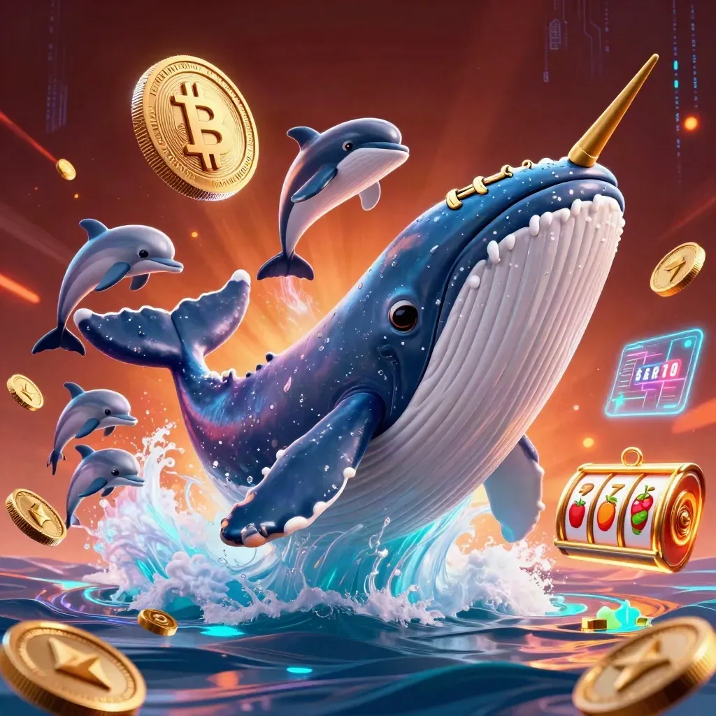 Captain whale, narwhal, and dolphins burst through coins with neon betting energy.