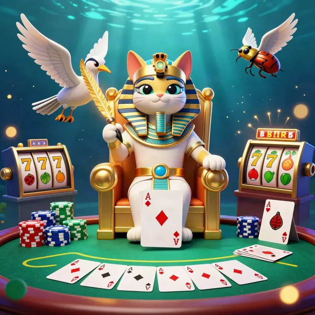 Pharaoh cat on throne with ibis scribe, scarabs, poker chips, cards and slot symbols in neon casino lighting.