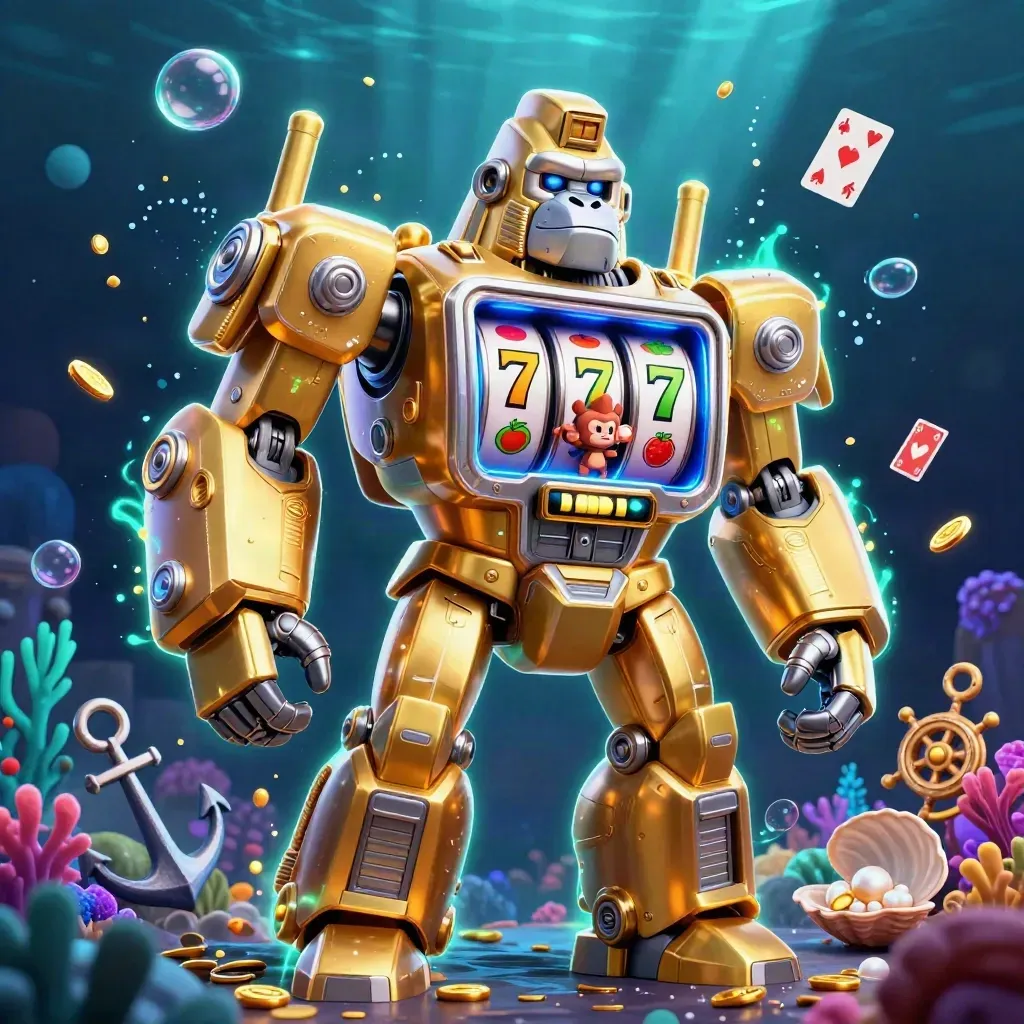 Golden gorilla mech with monkey pilot amid coins, bubbles, coral, cards, and glowing casino treasure.