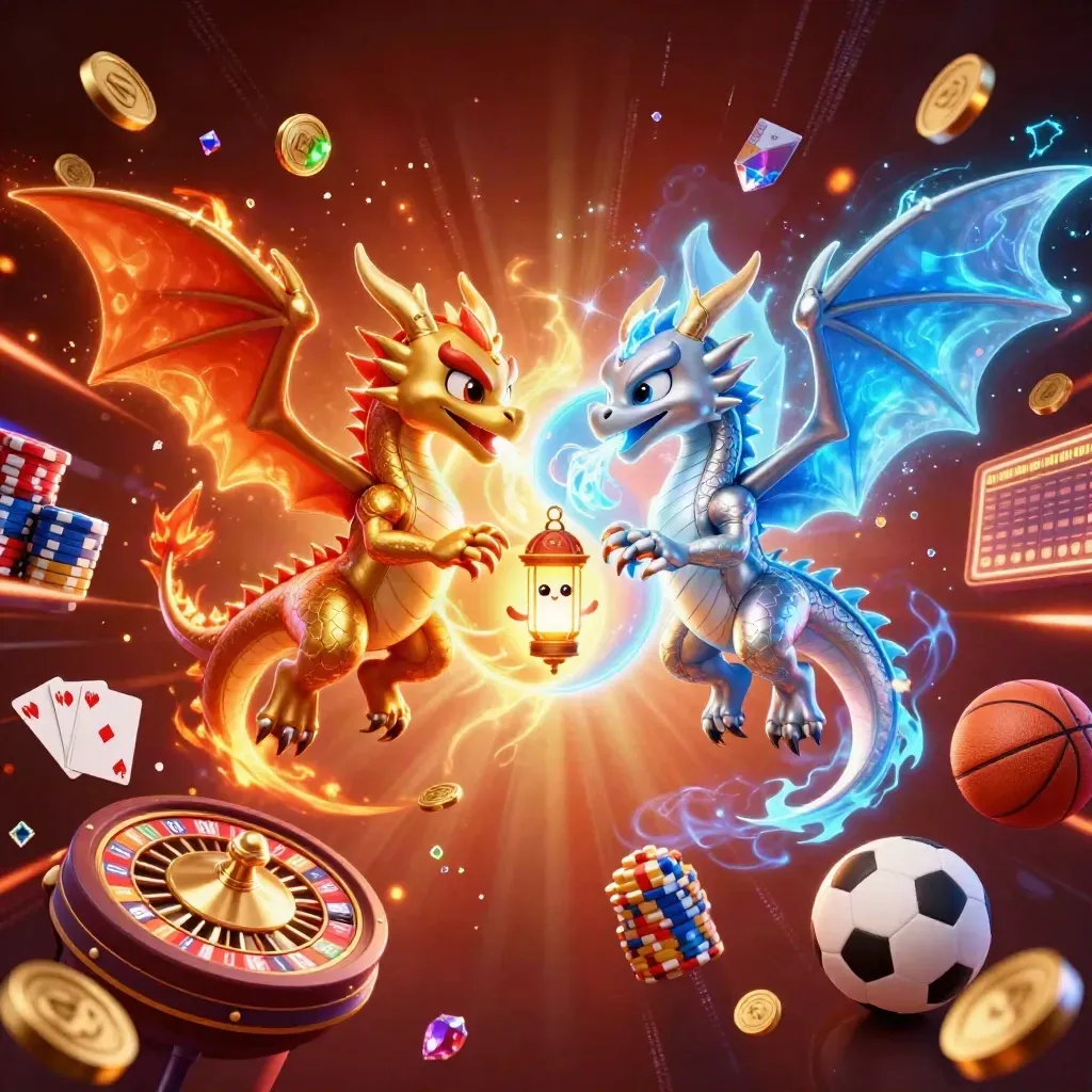 Twin gold and silver dragons swirl with coins, chips, cards, and neon betting effects.