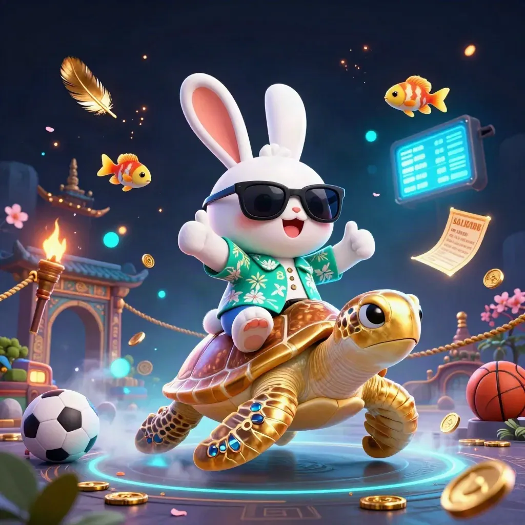 Lucky rabbit on jeweled sea turtle amid neon casino magic, coins, fish, and esports props