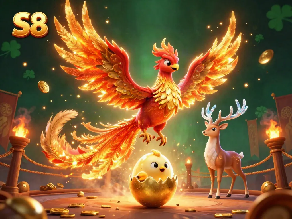 Experience the thrill of S8's gaming with a blazing phoenix and dynamic casino elements.