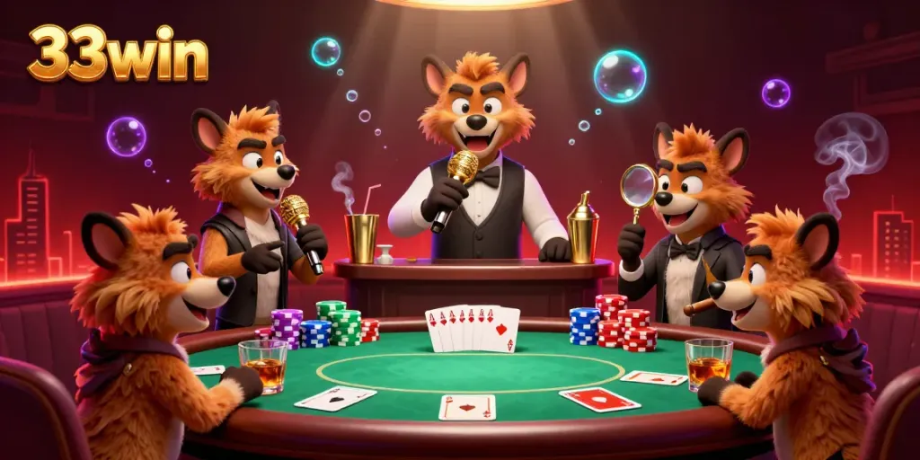 Join the fun at 33win's vibrant comedy casino with hyenas mixing drinks and telling jokes.