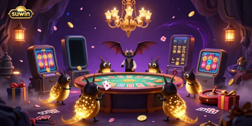 Experience the excitement of suwin with glowing glowworms lighting up a vibrant casino scene.