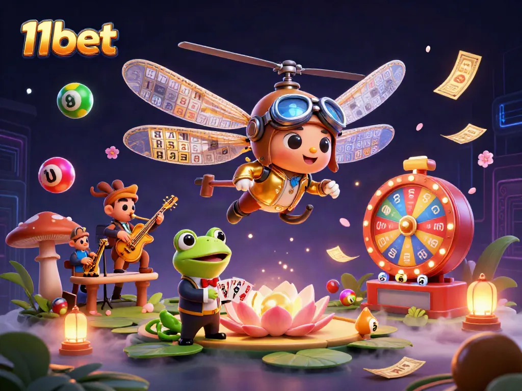 Experience the exciting world of 11bet with a cartoon dragonfly pilot and vibrant casino elements.