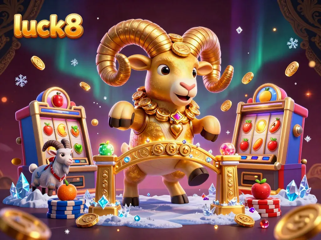 Experience the excitement in luck8's vibrant casino world with stunning visuals of golden ram and colorful slots.