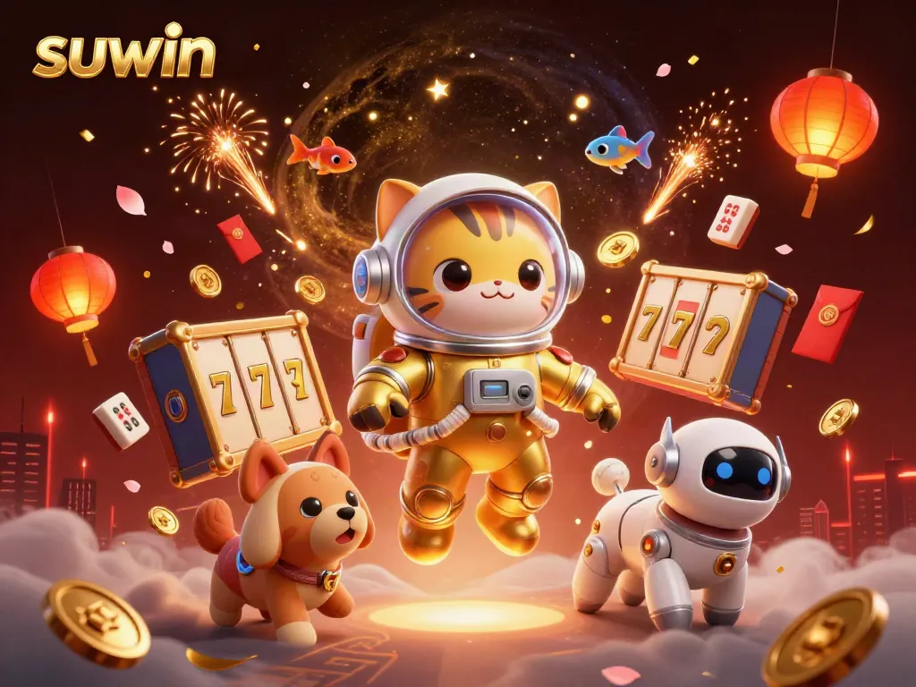 Experience the thrilling gameplay of suwin in a vibrant, cosmic casino scene filled with slot reels and golden coins.