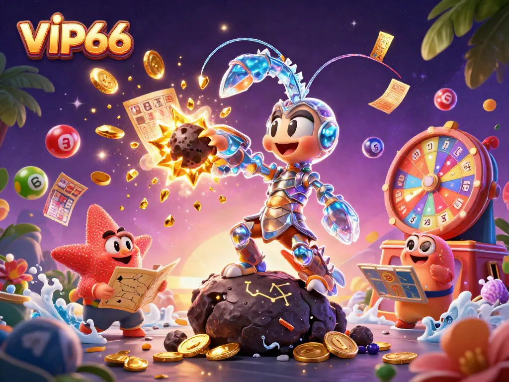 Experience the excitement of VIP66 with a vibrant 3D casino-themed illustration filled with animated elements.