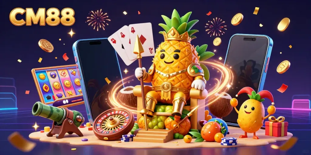 CM88 celebrates gambling with a golden pineapple king in a vibrant beach casino scene.