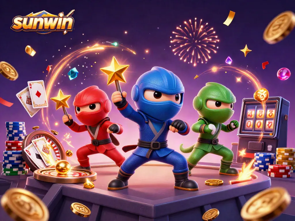 Sunwin showcases vibrant 3D chameleons at a casino, highlighting jackpots, roulettes, and card games
