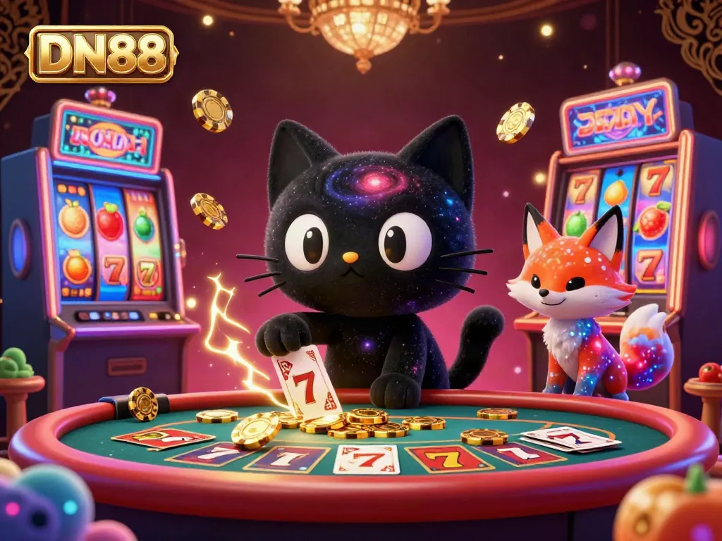 Engage in thrilling casino fun with DN88’s cosmic-themed gaming illustration featuring dynamic characters and vibrant game elements.