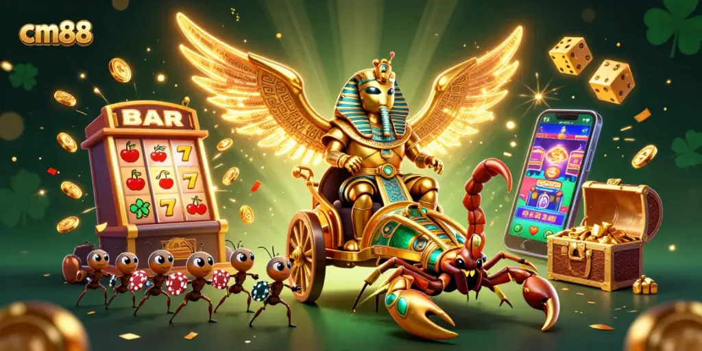 Win big with cm88 at this spectacular 3D casino scene featuring golden scarabs and jackpots.
