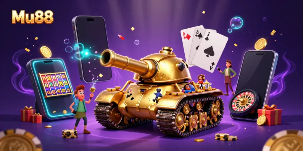 Experience the excitement of Mu88 with a vibrant casino-themed 3D illustration showcasing dynamic gaming elements.
