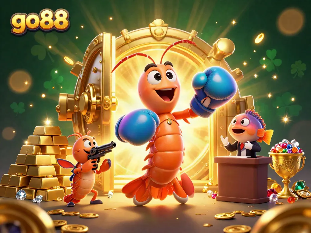 Join the excitement at go88 with vibrant casino-themed characters surrounded by treasures and game elements.