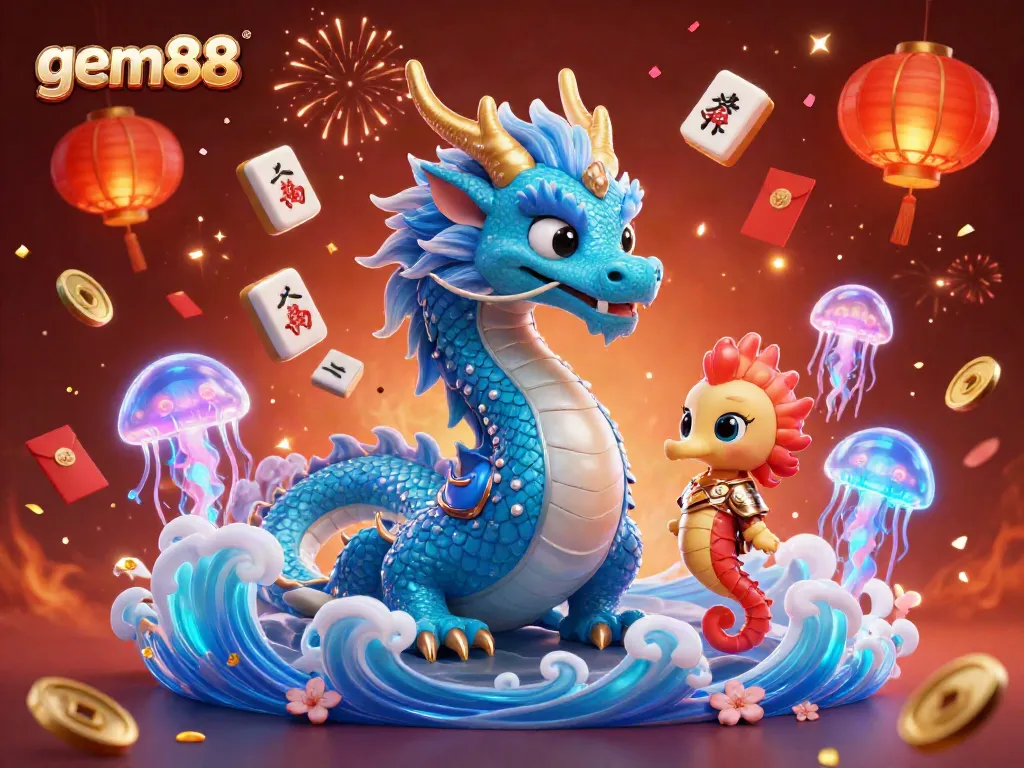 Experience the excitement of gem88 with a captivating 3D dragon scene filled with casino-themed elements.