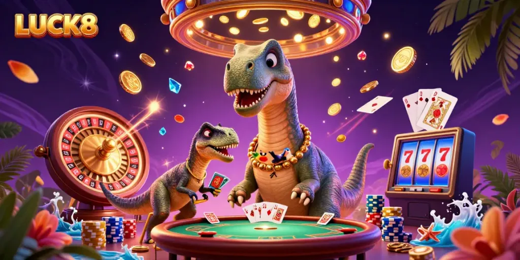 Experience exciting gameplay with LUCK8 in this vibrant casino illustration featuring various dynamic elements.