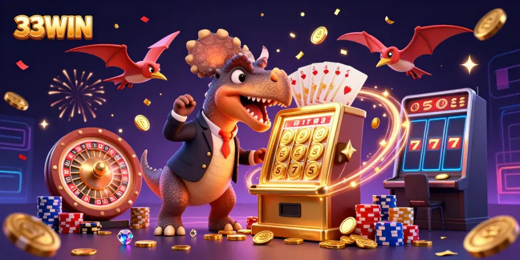 33WIN adventure scene with dinosaurs celebrating jackpots and coins flying in a casino.