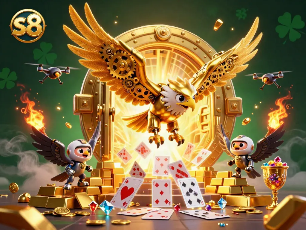 S8's immersive gaming experience highlights a golden eagle soaring with treasures and holographic cards.
