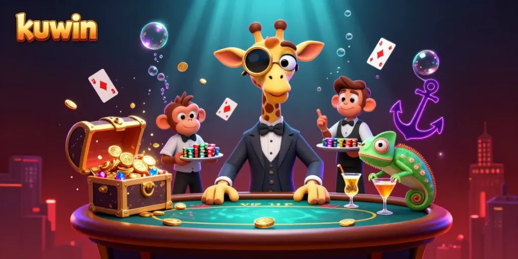 Kuwin showcases a lively scene with a giraffe in a suit at a poker table, surrounded by vibrant treasures.