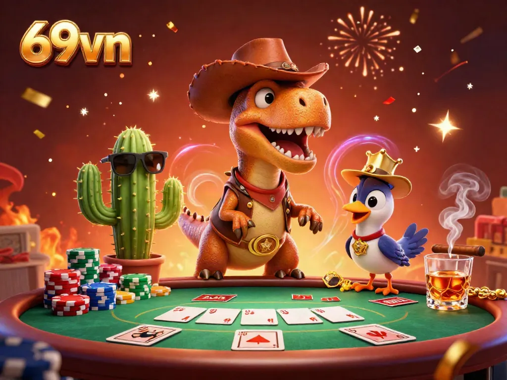 Experience the thrilling excitement of 69vn with T-Rex and friends at a colorful poker table.