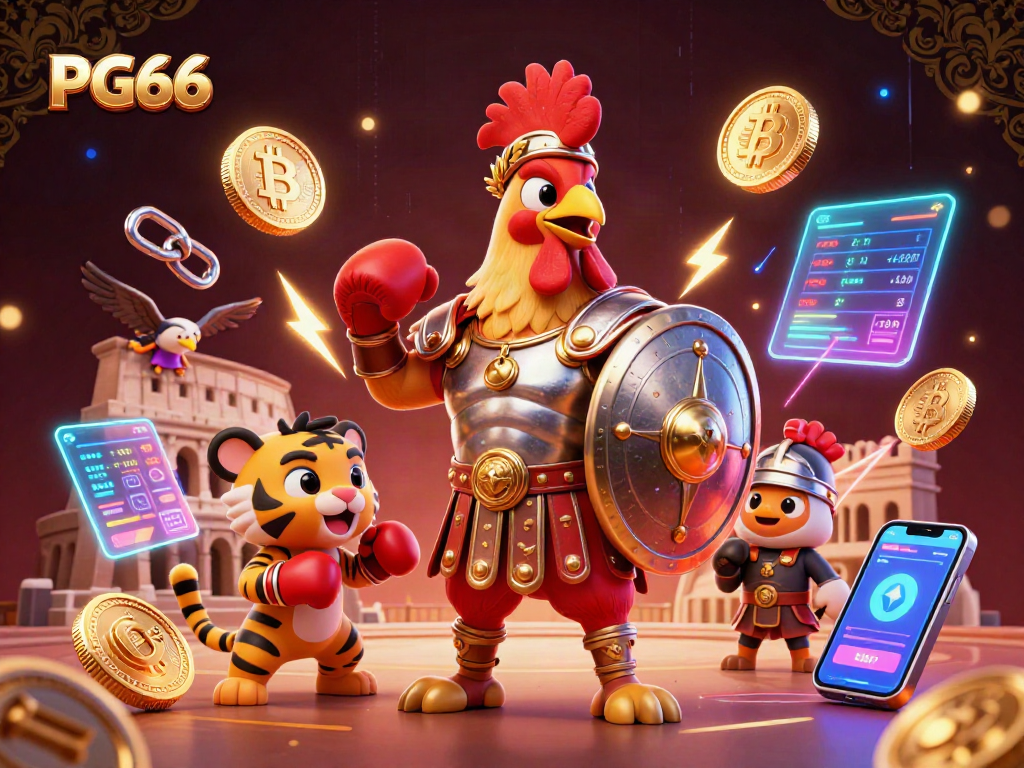 Engage with PG66's thrilling gaming experience through a vibrant 3D illustrated scene.