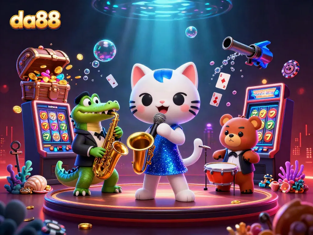 Spin the reels at da88 with a vibrant cat singing, crocodile playing saxophone, and bear cub drumming in a lively casino