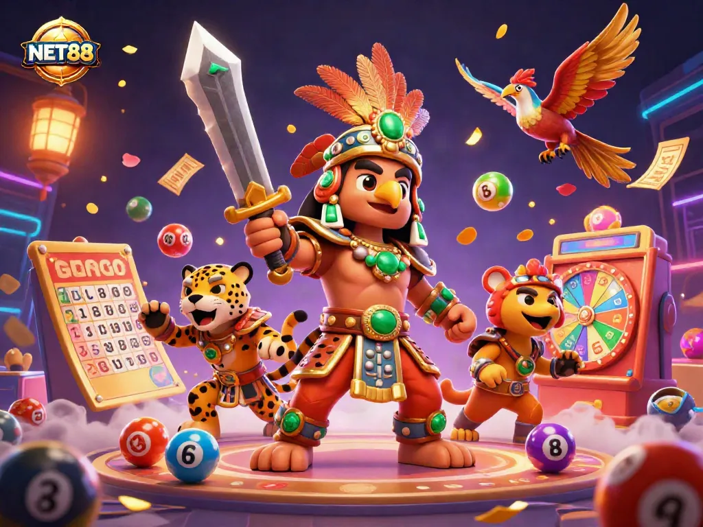 Experience thrilling gaming at NET88 with a vibrant scene filled with dynamic characters, lottery elements, and rich visuals.
