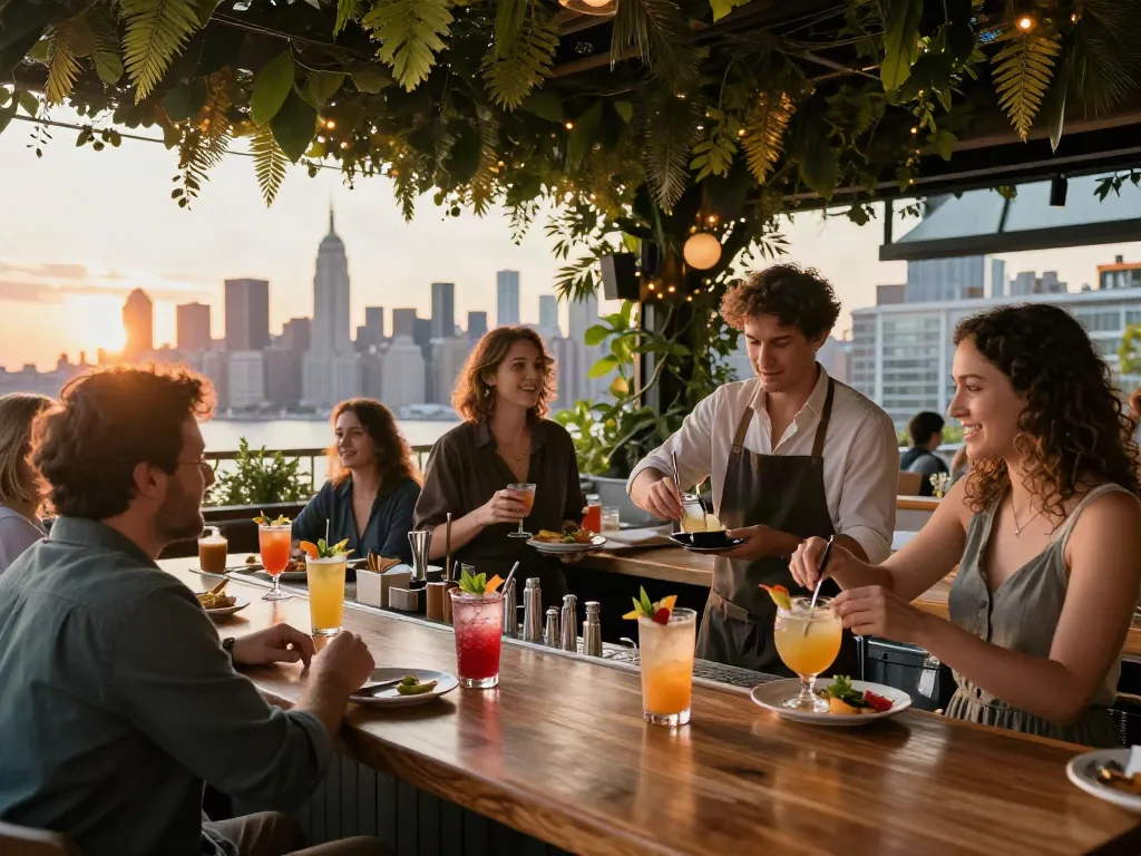 Social gathering at NoHu rooftop bar with cocktails and skyline views at sunset.