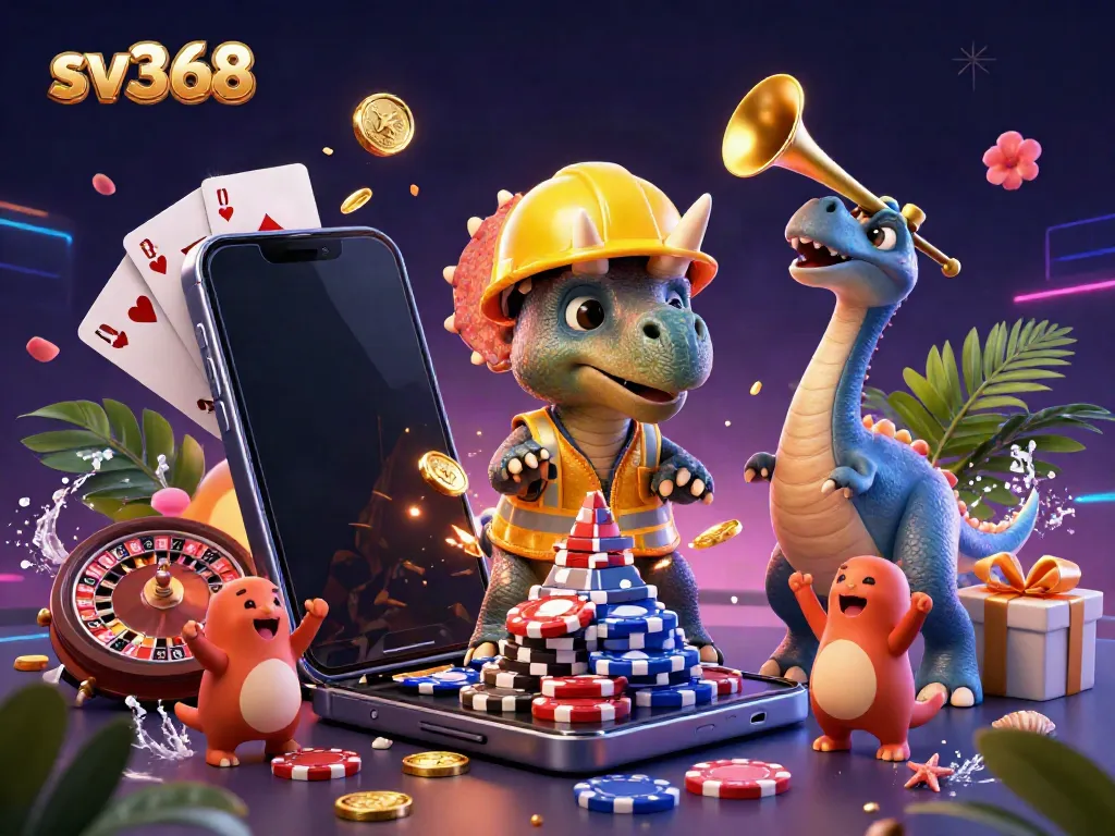 Experience the excitement of sv368 with a lively triceratops, poker chips, and dynamic casino elements.