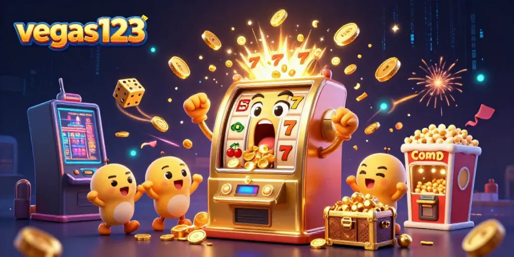 mesin slot vegas123 mencetak jackpot dengan uang koin berhamburan, menampilkan suasana kasino yang meriah