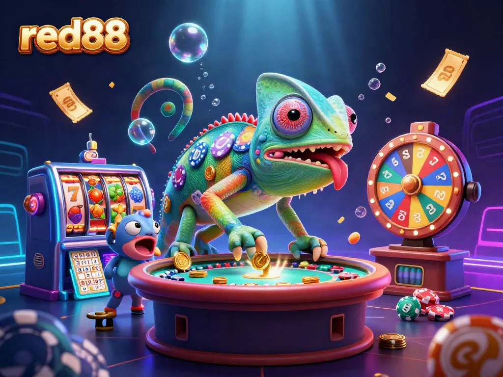 Experience the vibrant dynamics of red88's casino world with a colorful chameleon and exciting gaming elements.