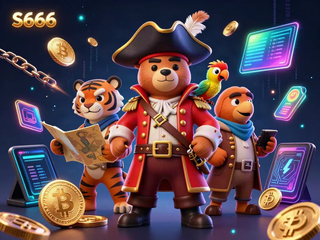 Experience the excitement of S666 through a dynamic 3D illustration featuring a pirate bear and fellow characters.