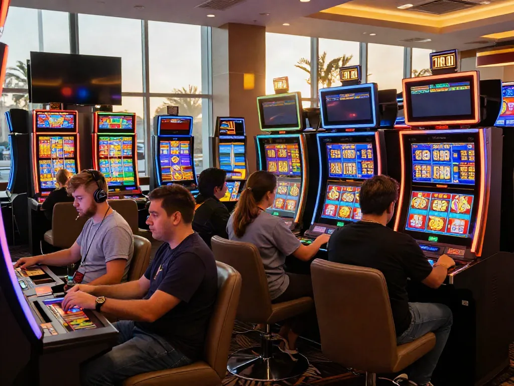 i24Slots Casino players enjoying vibrant slot machines filled with neon lights.