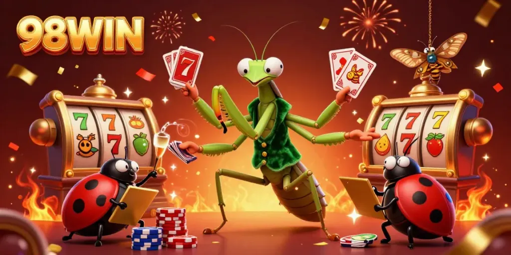 Experience winning strategies at 98WIN with vibrant casino scenes featuring card games and dynamic celebrations.