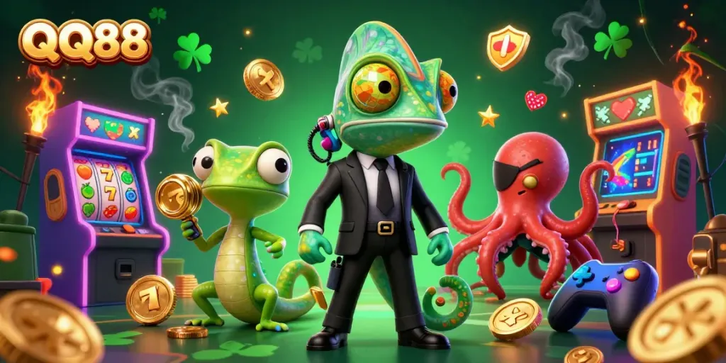 Spin the reels at QQ88 with a dynamic scene featuring a chameleon, gecko, and octopus amidst vibrant gaming elements.