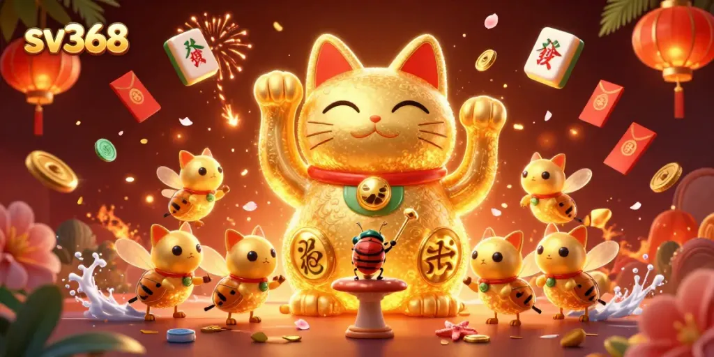 Experience the excitement of sv368 with a dynamic lucky cat scene filled with colorful casino elements.