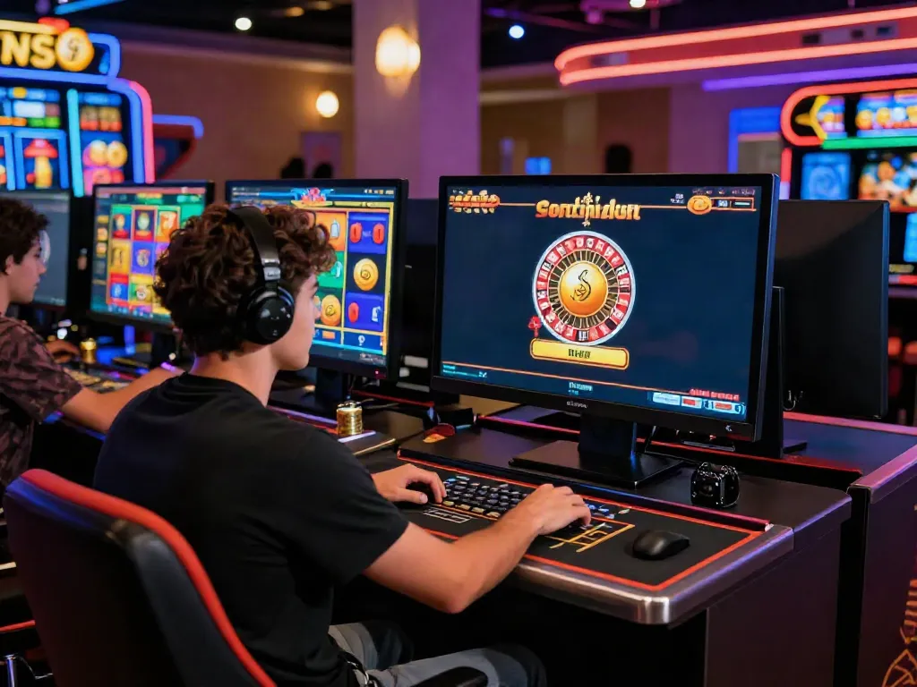 Excited player enjoying a casino bonus sans depot at a computer with colorful game graphics.