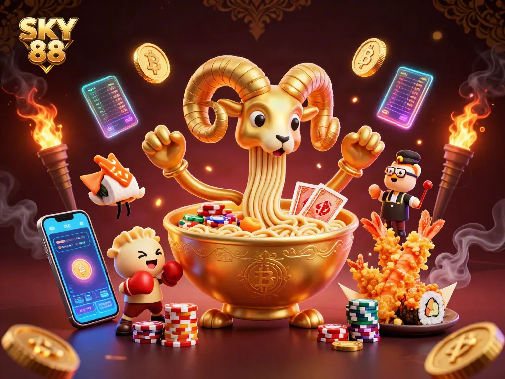 Engage with thrilling games at SKY 88, featuring a lively 3D casino scene with dynamic characters.