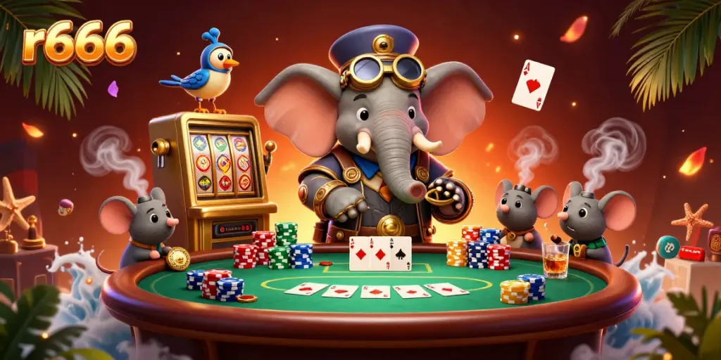 Engage with r666 at a lively 3D casino scene featuring steampunk characters and vibrant elements.