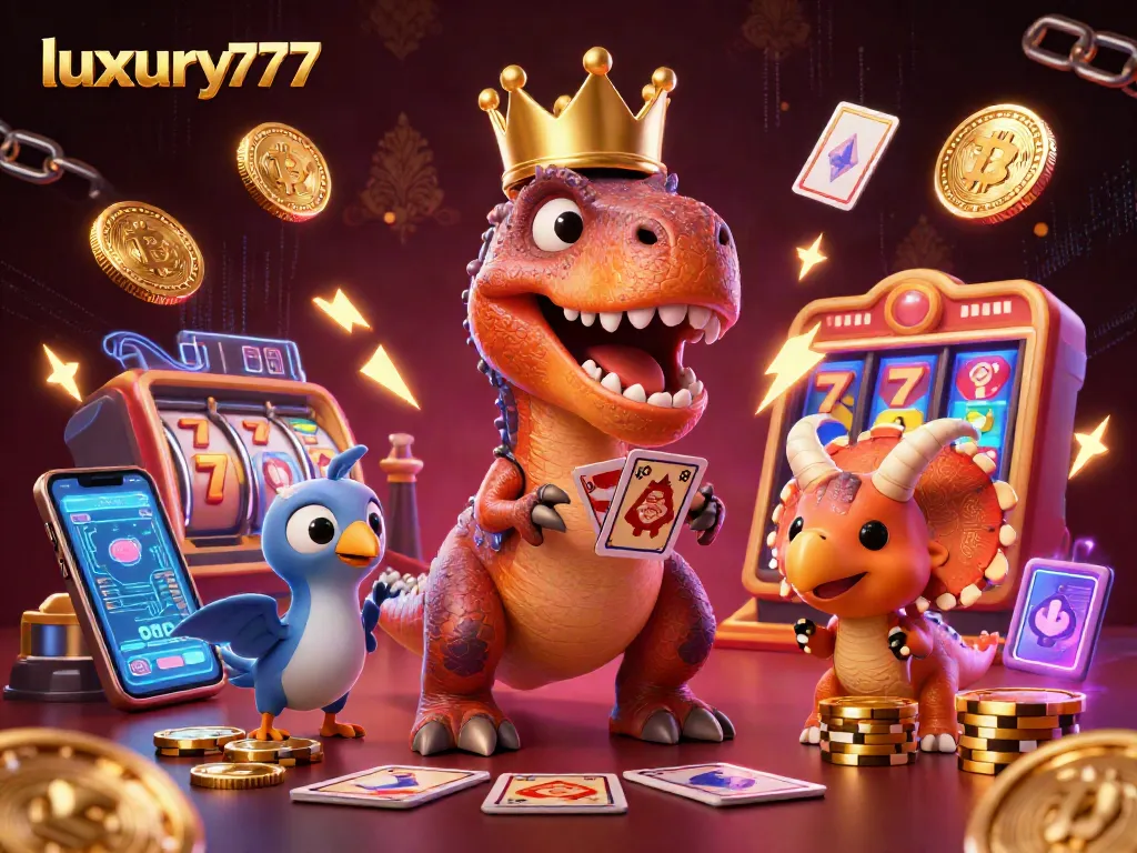 Engage with luxury777 in a vibrant casino scene featuring friendly dinosaurs and crypto elements.
