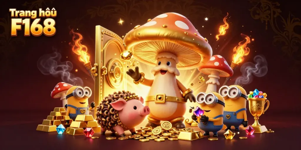 Engage with Trang chủ F168 as a magical golden mushroom wizard transforms a treasure-filled casino scene.