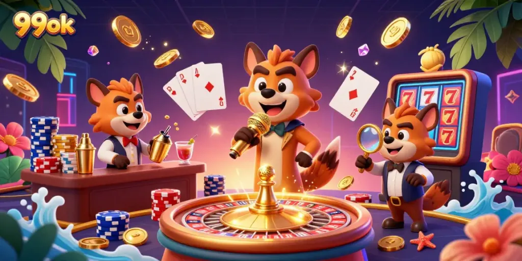 Experience the vibrant 99ok casino atmosphere with cartoon hyenas entertaining at the club.
